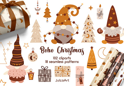 Boho Christmas collection baby christmas bohemian boho christmas boho gnomes christmas christmas decor christmas gnomes christmas patterns christmas print christmas tree gender neutral holiday illustration merry christmas new year seamless patterns