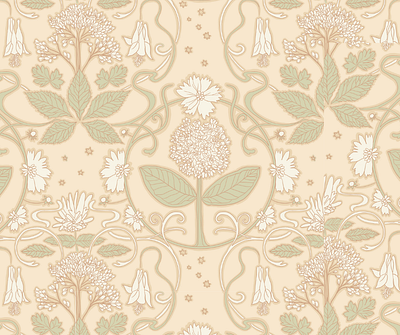 Art Nouveau Botanical Pattern art nouveau botanical botanical pattern design digital illustration earth tones floral hand drawn illustration milkweed mucha neutrals pattern surface design wildflowers