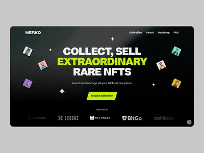 NFT Portfolio Hero Section Design crypto design figma graphic design hero section html5 landing page metaverse nft nft portfolio nfts non fungible tokens site template template theme ui ux web design website wordpress