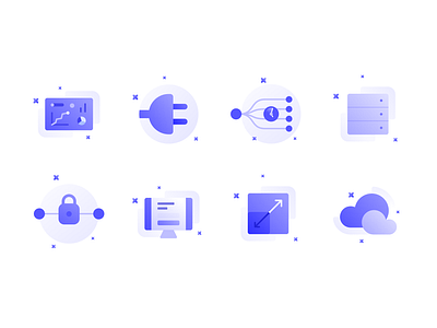 Icons for a software startup blue clean code coding graphic design iconography icons modern programming software tech technology web