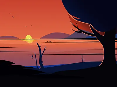 Evening from river art beach bird blue boat evening hill illustration illustrations landscape nature sunset texture tree vector wallpaper website header