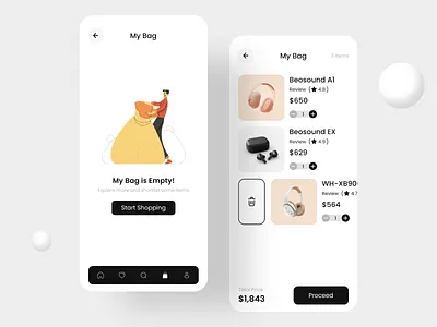 Headphone Products App - Cart/Empty Screen 404 app ui cart ecommerce empty empty screen emptystate erro error headphone ios mobile app my bag product product design shop store ui ui design ux