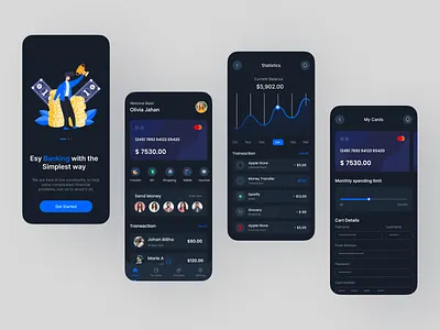 Personal Banking Mobile App (Dark Mood) app design app interface bank bank card banking concept credit card dark mood debit card finance fintech management mobile app personal account progress savings statistics ui ux