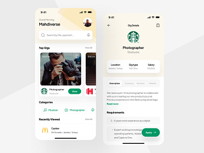 Gigster - A gigs app flat design gigs hire hiring jobfinder jobs light mode ui uidesign userinterface vibrant