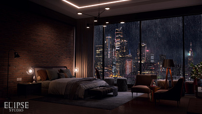 Blustery Night in New York 3d 3d visualization adobe after effects adobe photoshop animation bedroom modeling new york night rainfall rendering unreal engine