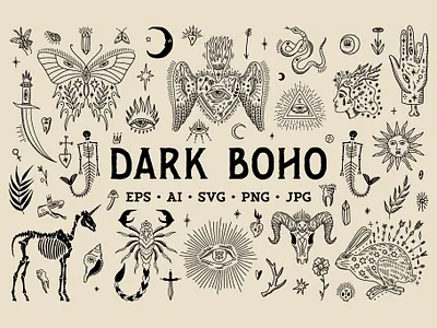 Dark Boho Bundle abstract ancient boho bundle dark art dark boho design digital stickers gothic halloween horror illustration macabric mermaid skeleton modern mystical spell vector vintage witchy
