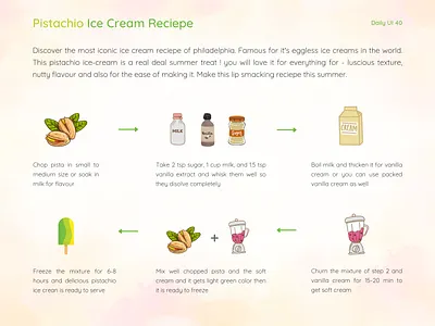 Daily UI #040 - Recipe canva design clean design daily ui 40 daily ui challenge dailyui40 dailyuichallenge dessert graphic design ice cream icecream recipe illustration milk icecream pista pistachio pistachio icecream recipe sweet ui vanilla icecream web design