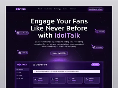 AI Voice for Influencers ai agent ai landing page ai startup ai technology ai voice artificial intelligence chat ai chat gpt dark ui futuristic header home page landing page minimal saas saas landing voice ai web design webflow website