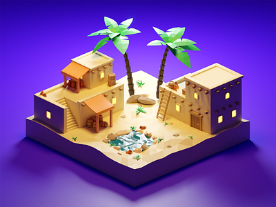 3D Desert Oasis 3d 3d design 3d house 3d illustration 3d modeling 3ddesign blender building cute 3d desert game illustration illustration isometric lowpoly oasis piqo design render sand scene sculpting