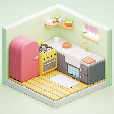 3d isometric room - kitchen 3d app art blender design graphic design illustration isometric ui website