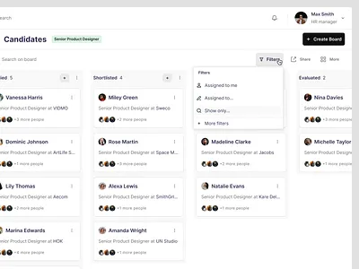 Recrutivo - Candidates Kanban board filters candidates candidates platform components dashboard filters hr hr app hr website kanban kanban board modal modals product design recruitment tasks ui