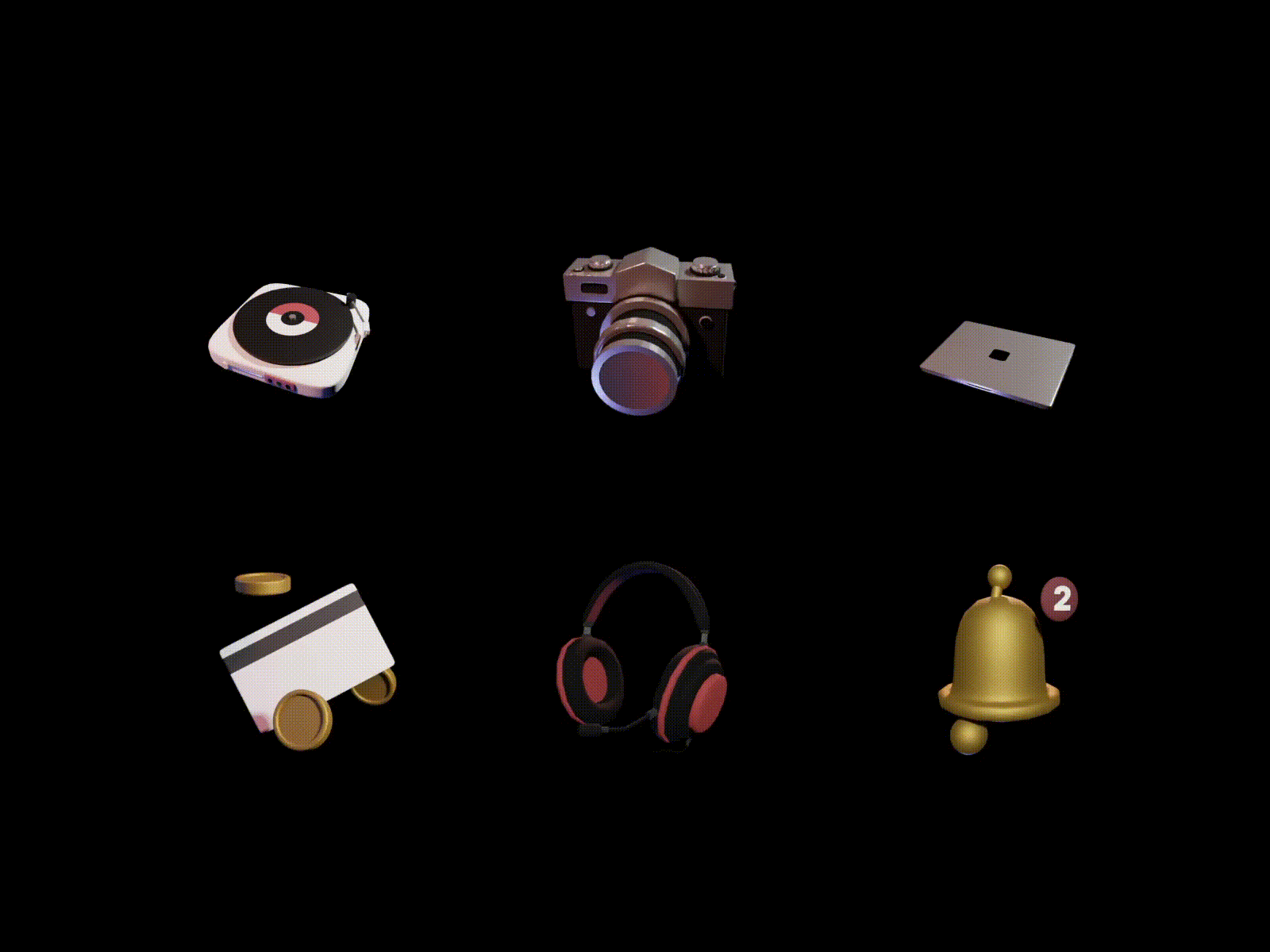 #124 Set of random 3D animations (2), Blender3D 3d animation apple blender camera card crypto finance headphones laptop money notification player