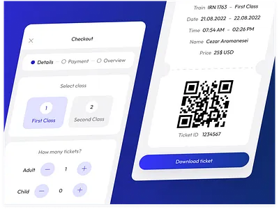 Train Booking App Concept — Checkout & Ticket blue book book a train ticket booking breadcrumbs card checkout design geometric gradient home input qr qr code quantity skewed soft shadows ticket train ui