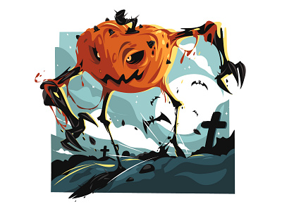 Halloween pumpkin monster cemetery character dead flat halloween illustration kit8 monster pumpkin scary vector walk