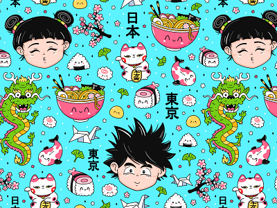 Kawaii Japan pattern anime asia boy cartoon character cute dragon food girl illustration japanese kawaii manga origami pattern ramen sakura seamless sushi tokio