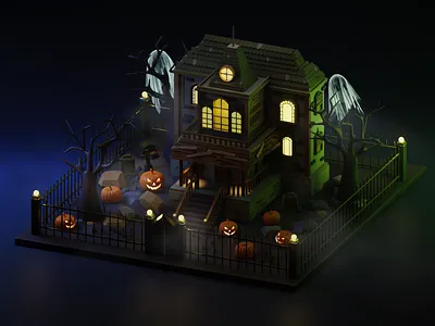Halloween 3d illustration 3d 3d art 3d blender 3d garden 3d illustration 3d trees autumn blender graphic design halloween house illustration isometric magic night pumpkin rendering sophie tsankashvili tbilisi witch