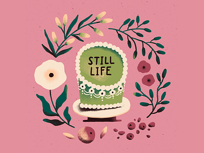 Still Life with a Cake botanical cake digital illustration green illustration pink plants procreate still here still life still life