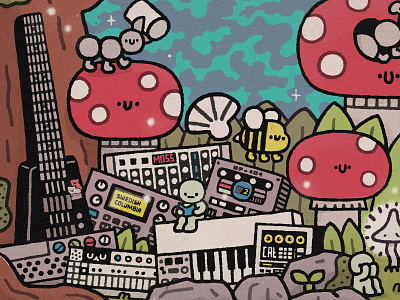 Mushy Forest bass bee cartoon cute design doodle elektron forest fun gitar graphic design illustration japanese kawaii logo marshmellow music shell smiski