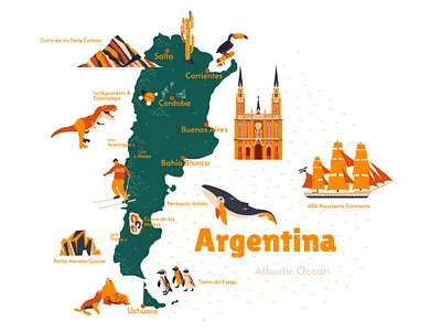 A part of Argentina animals argentina bird cactus design flat illustration map sights toucan vector