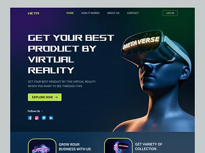 Virtual Reality Web Hero. 3d design landing page landing page design meta metaverse minimal modern design nft nft landing page uidesigner uiux uxdesigner virtual reality webdesign