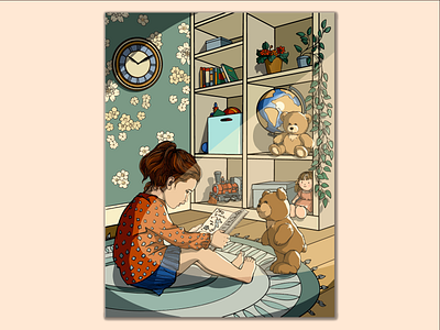 Children's color illustration adobe illustrator childrens book childrens illustration color vector illustration design girl girl reading a book graphic design illustration teddy bear vector vector illustration