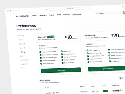 Plans and billing settings — Untitled UI b2b dashboard plans preferences pricing pricing cards pricing page pricing plan product design saas settings suer interface table tabs ui ui design user interface ux ux design