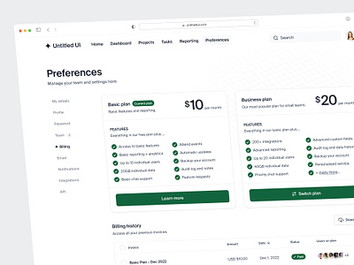 Plans and billing settings — Untitled UI b2b dashboard plans preferences pricing pricing cards pricing page pricing plan product design saas settings suer interface table tabs ui ui design user interface ux ux design