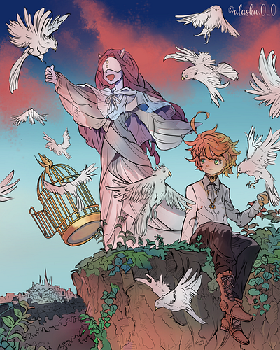 Mujika and Emma from The Promised Neverland anime app design emmatpn fanart illustration krita raster art tpn