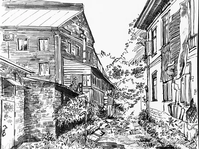 Sweet province background background illustration black and white illustration black and white style book illustration children book illustrator illustration ink painting landscape illustration traditional art