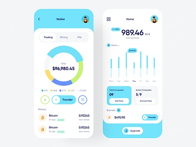 Crypto Bitcoin Mining App Interface app design bitcoin app bitcoin mining bitcoin mining app blockchain app crypto mining app crypto wallet cryptocurrency digital wallet ethereum app mining app modern app money app trading app website