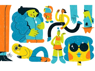 Funny characters blue boy character characterdesign characters colors comercial design flat girl glasses green hat illustration minimal orange people yellow