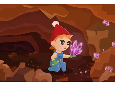 The dwarf in the cave found crystals cartoon childrens illustration cute dwarf illustration vector