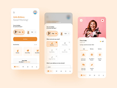 Pet Sitter App UI android animals app cat design dog ios mobile mobile app mobile ui orange pet pet app pets sitter trending ui uiux ux