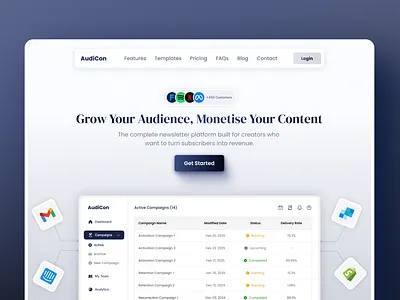 SaaS landing page concept for marketing tool blue gradiant hero home landing landingpage marketing menu mockup navigation nested saas socialproof software status table tool ui web design webapp