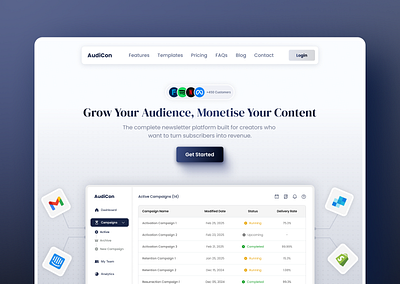 SaaS landing page concept for marketing tool blue gradiant hero home landing landingpage marketing menu mockup navigation nested saas socialproof software status table tool ui web design webapp