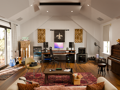 In-House Music Studio 3d blender furniture graphic design guitar music producer room texture web