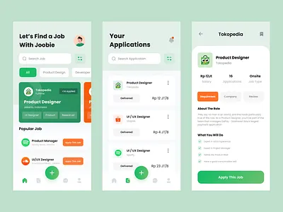 Jobie - Job Finder App app clean mobile app clean ui design green app job job app job finder job finder app job hunter app job search job search app job ui kit jobie mobile app product ui kit ui uiux ux working app