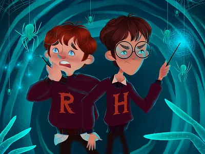 Aragog spider family cave book illustration boy character character design character development childrens illustration digital art drawing fanart harry potter hogwarts illustration magic photoshop potter procreate ron ron weasley spider
