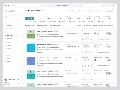 Lead Pipeline clean client management construction app estimate follow up invoice lead management lead pipeline payment project leads project progress saas saas web app design saas web design schedule service web app task ui ux web design