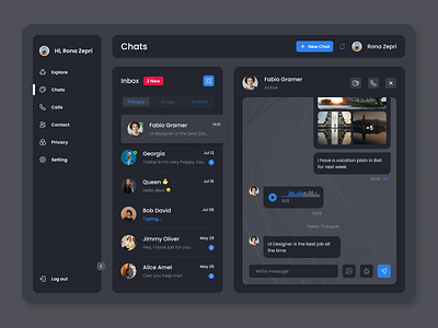 Dashboard Chat blue chat app dark dark mode dashboard ui ui chat ui design ui designer ui inspiration ui trends uiux web chat