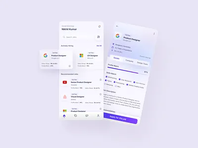 Job Search App app app design branding clean ui components design glassmorphism google job app job search light theme linkedin naukri neomorphism ui ui design ui kit