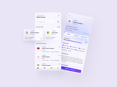 Job Search App app app design branding clean ui components design glassmorphism google job app job search light theme linkedin naukri neomorphism ui ui design ui kit