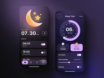 Smart Alarm Clock App alarm android app app ui bed time clock cozy dark figma ios mobile schedule sleep time smarthome timer ui ui design ux wake up watch