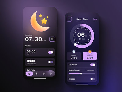 Smart Alarm Clock App alarm android app app ui bed time clock cozy dark figma ios mobile schedule sleep time smarthome timer ui ui design ux wake up watch