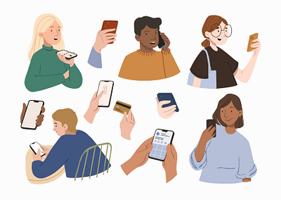 Phone Interactions 2d illustration app illustration bright editorial illustration people phone spot illustration ui web