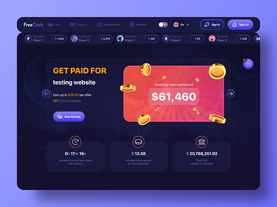 💰FreeCash Platform advertisement advertiser betting cash dice earning on the internet gambling get paid income money paid product design slots space space style ui uiux web