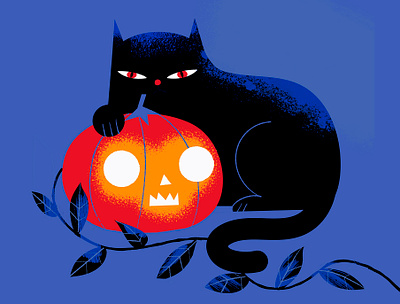The Cat and The Pumpkin black cat digital illustration halloween illustration jackolantern pumpkin spooky