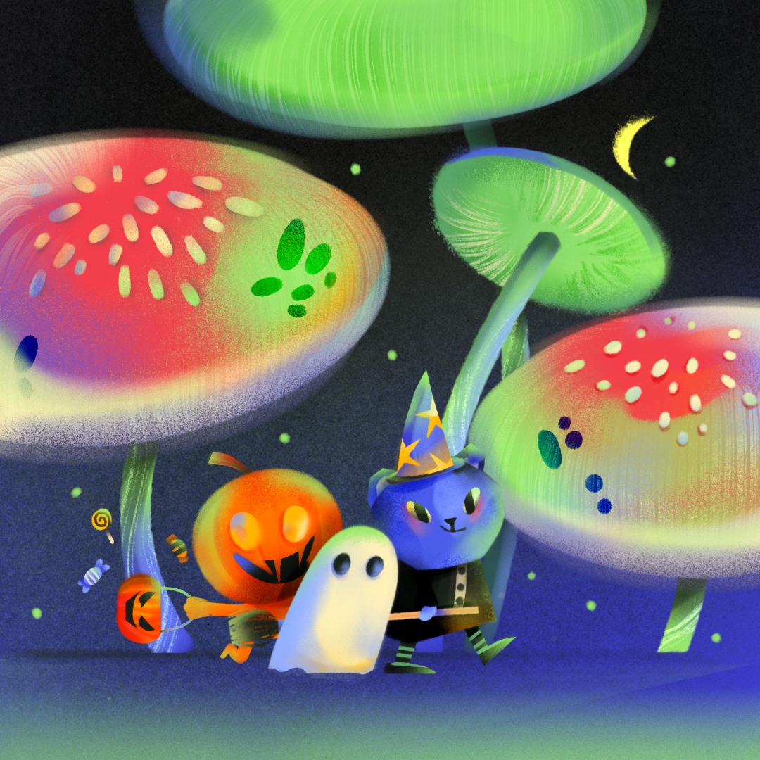 Trick or' treat 🎃 animal crew characters crew dark ghost glow halloween mushrooms pumpkin spooky trick or treat witch