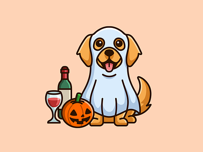 Happy Halloween! adorable animal boo cartoon character cute dog doggy fun ghost glass golden retriever halloween illustration mascot pet pumpkin puppy spooky season wine