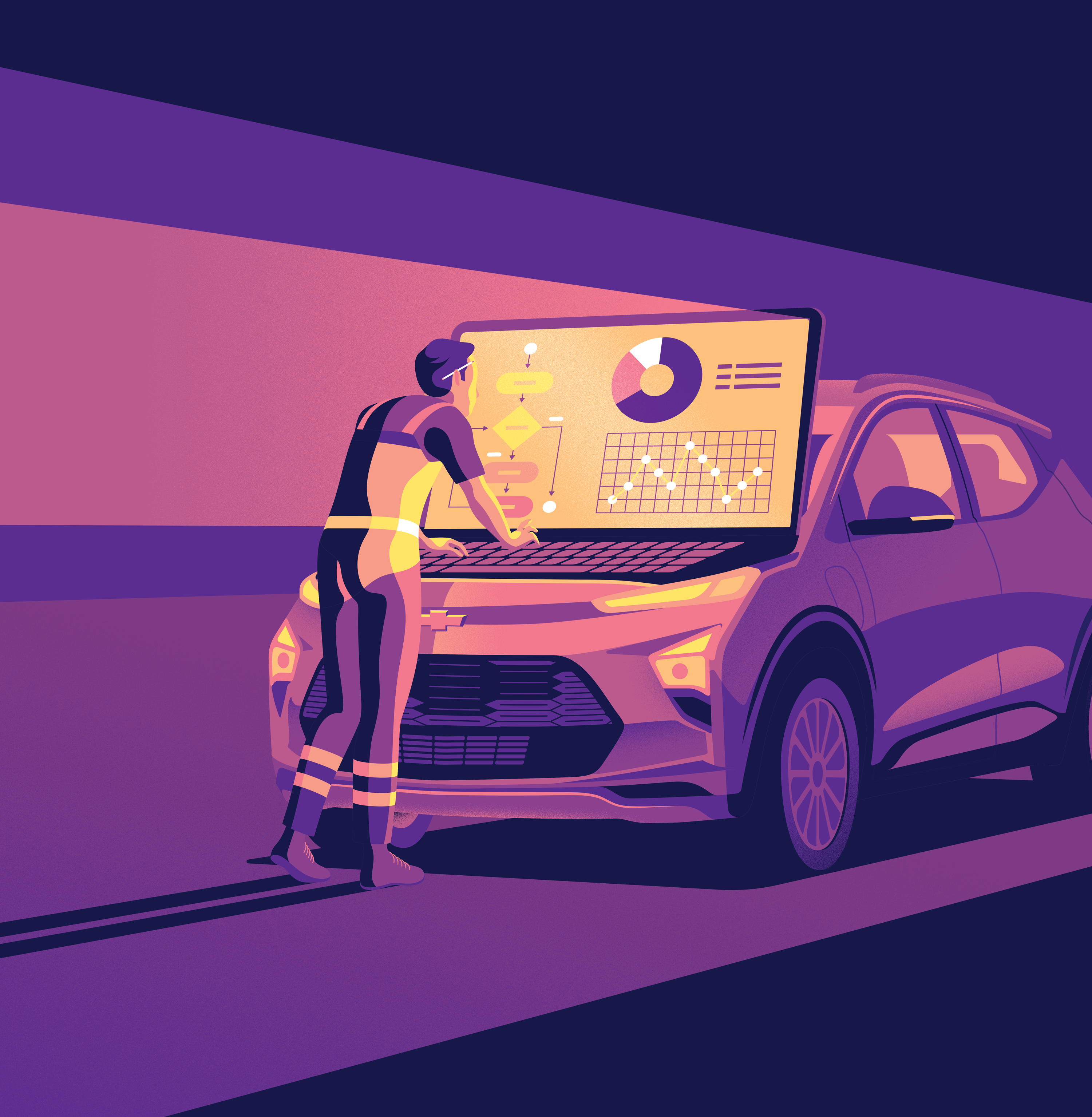 Chevy New Roads Magazine american car chevrolet conceptual cover illustration digital system editorial electric car hatchback illustration infographics jack daly mechanic overalls product illustration repair scottish illustrator vector vector illustration vehicle